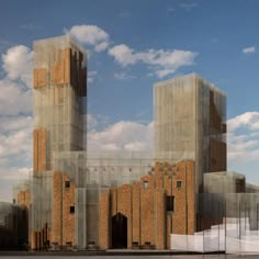 an artistic rendering of two tall brick buildings