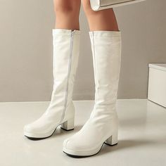 Category:Boots; Upper Materials:PU Leather,Patent Leather; Season:Fall,Winter; Heel Type:Chunky Heel,Block Heel; Actual Heel Height:1.97; Gender:Women's; Activity:Walking; Toe Shape:Round Toe; Type:Knee High Boots; Style:Casual; Heel Height(inch):1-2; Boot Shaft:Knee High Boots; Outsole Materials:Rubber; Occasion:Daily; Closure Type:Zipper; Pattern:Solid Colored; Shipping Weight:0.975; Listing Date:12/01/2020; Production mode:External procurement; 2024 Trends:Costume Shoes,Heel Boots,Go Go Boots,Costume Boots; Foot Length:; Size chart date source:Provided by Supplier.; Special selected products:COD Womens Boots Knee High, 80s Disco, All Black Shoes, Gogo Boots, Orange Shoes, Chunky Heels Boots, Square Toe Heels, Retro Mode, Aesthetic Shoes