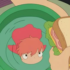 an anime character with red hair eating a sandwich