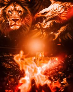 two lions and an eagle are in front of a fire with flames on the ground