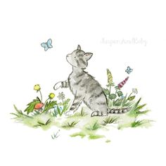 a watercolor drawing of a cat sitting in the grass with flowers and butterflies around it