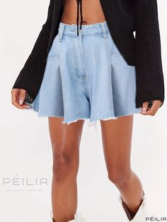 Peilia - Womens Blue High-Waist Denim Shorts with Ruffle Detail and Patch Pockets - Stylish Denim Pants for High-Rise Fashion Stretch Denim Jean Shorts For Fall, Chic High Waist Bottoms With Frayed Hem, Chic High-waist Bottoms With Frayed Hem, Stretch Denim Blue Bottoms For Day Out, Medium Wash Bottoms For Fall Day Out, Denim Bottoms For Fall Day Out, Fall Day Out Medium Wash Bottoms, Chic Denim Bottoms With Frayed Hem, High Waist Denim Jean Shorts For Fall