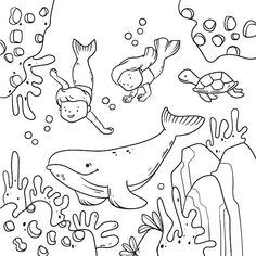 an underwater scene with fish and other marine animals coloring pages for kids to print out