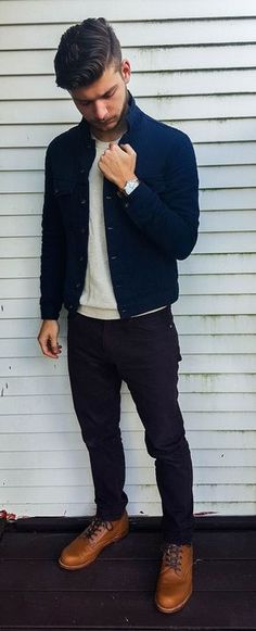 jaqueta Navy Denim Jacket, 2016 Menswear, Foto Tips, Neue Outfits, Mode Casual, Man Standing, Brown Shoes