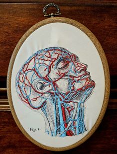 a cross stitched picture of a human head and neck with blood vessels on it