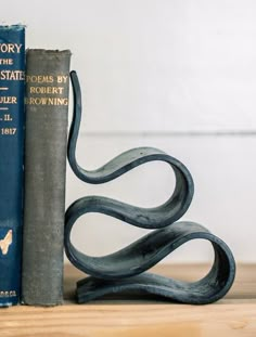 two books are sitting next to each other on a wooden table with a bookend in the shape of a snake