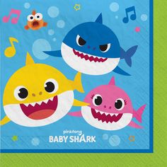 two baby shark napkins with music notes in the background and an image of three sharks