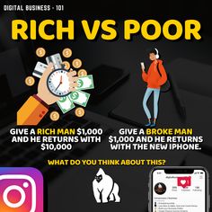 an advertisement for rich vs poor, which features a man with a clock and money in his hand