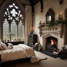 Gorgeous Victorian Gothic fireplace in a cream bedroom. Gothic Decor Aesthetic, Gothic Bedroom Aesthetic, Victorian Gothic Bedroom, Zombie House, Victorian Room, Home Decor Ideas Bedroom, Elephant Game, White Elephant Game, Aesthetic Interior Design