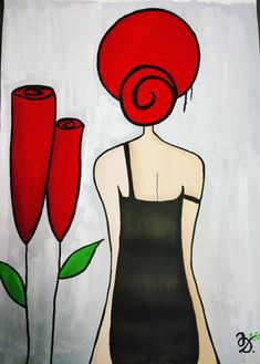 a painting of a woman with red hair and two roses in front of her back