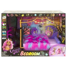 the bedroom is decorated in pink and purple