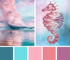 the color palette is pink, blue and green with an image of a sea horse