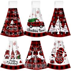 four christmas skirts with different designs and words on the front, one for santa's truck