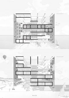 two diagrams showing the different sections of a building with stairs and balconies on each side