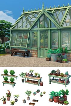 an image of a greenhouse with plants and benches in the front, side by side