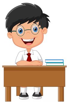 a boy sitting at the desk with books