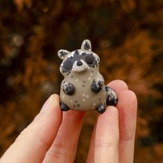 a small raccoon sitting on top of someone's hand