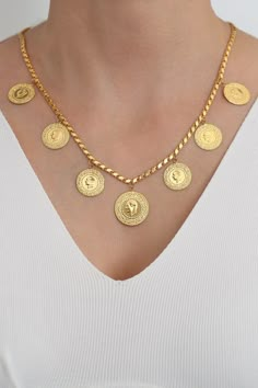 "* Gold KT: 14K Solid Gold * Gold Color: Yellow Gold * Chain lengths: Adjustable, 16'' 18\", 20\" * The length of the chain in the photo is 18 inches. This necklace contains 6 Turkish 14K Quarter Gold Coins and 1 Turkish Half 14K Quarter Gold Coin.  Follow on Instagram - @bayargold.tr My Web Site - https://www.bayargold.com * Bayar Gold is a fine jewelry company. Please do not hesitate to ask us questions. We are always here to help you. * All items are packed in the high-quality jewelry box. Th Gold Coin Jewelry Pendants, Yellow Gold Coin Necklace With Chain Detail, Yellow Gold Coin Necklace With Chain, Turkish Design Gold Jewellery, Turkish Jewellery Gold, Turkish Gold Jewelry, Gold Monogram Necklace, Gold Coin Jewelry, Gold Coin Ring