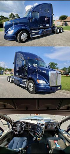 the inside and outside view of a blue semi - truck parked in a parking lot