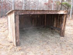 an outhouse in the woods with hay on the ground