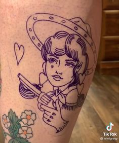 Creative American Traditional Tattoos, Simple Pinup Tattoo, Dainty American Traditional Tattoo, American Traditional Sleeve Woman, American Traditional Cowgirl Tattoo, American Traditional Western Tattoo, American Traditional Cowgirl, Cowgirl Tattoos Traditional