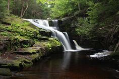 a waterfall in the middle of a forest with mossy rocks and trees around it