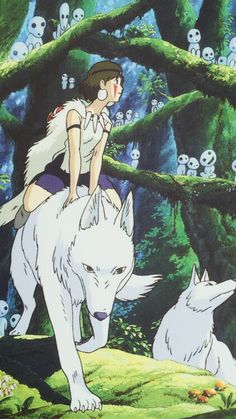 a woman riding on the back of a white wolf