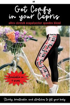 🧘🏼 FOR ACTIVITIES OR LEISURE - These leggings feature a red bordered red and black multilingual typography word cloud "Thank You" along each leg over a white background.