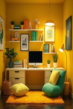 a home office with yellow walls and green pillows on the floor, along with bookshelves