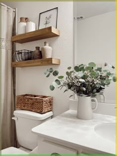 a white toilet sitting next to a bathroom sink under a mirror with shelves above it