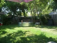 two people sitting in an outdoor hot tub surrounded by trees and grass, on a sunny day