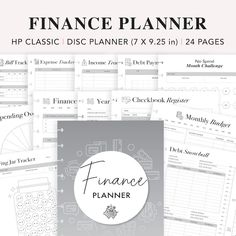 the finance planner is shown on top of a white background with black and gray graphics