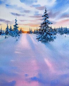 a painting of snow covered trees in the middle of a field at sunset with pink and blue sky