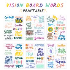 four different posters with the words vision board words printed on them, all in different colors