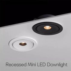 the recessed mini led downlight is shown in black and white with gold accents