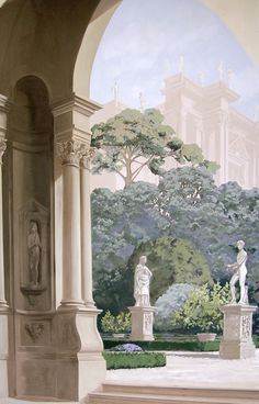 a painting of statues and trees in a garden