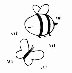 a drawing of two bees flying in the air with one bee looking at the other