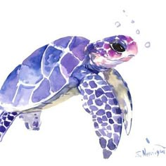 a watercolor painting of a sea turtle in blue and purple colors with bubbles coming out of its mouth