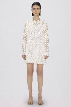 SPRING 2024 WOMENS COLLECTION The Mccall Crochet Mini Dress in White. Long-sleeve shift dress silhouette. Mechanical crochet embroidery engineered in geometric cage motifs contours the body with seamless construction. Mini-length hemline. Evening Dress Outfit, Long Sleeve Shift Dress, Designer Evening Dresses, Crochet Mini Dress, Dress Silhouette, Long Sleeve Mini, Sweater Blouse, White Mini Dress, Long Sleeve Mini Dress