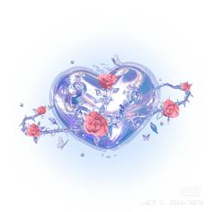 a heart - shaped object with roses and butterflies on the inside is surrounded by water droplets