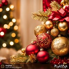 a christmas tree with red and gold ornaments