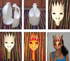 four pictures of masks with different shapes and sizes, including one wearing a mask as a crown