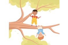 two children are hanging on the branches of a tree, one is upside down and the other is standing up