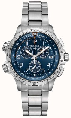 Hamilton | Khaki Aviation X-Wind GMT | Blue Dial | Stainless Steel H77922141 - First Class Watches™ Hamilton Watch Khaki, Tactical Watch, Hamilton Khaki, Hamilton Watch, Swiss Made Watches, Pilot Watch, Beautiful Watches, Cool Watches, Chronograph Watch