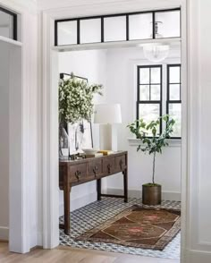 an entryway with a table, potted plant and rug on the floor in front of it