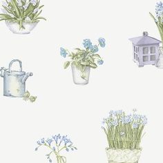 wallpaper with potted plants and watering can