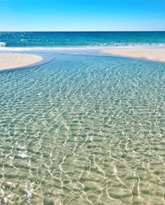 the water is very clear and blue with waves coming in from the shore on the beach