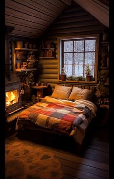 a bed in a room with a fire place next to an open window on the wall