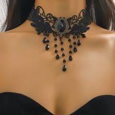 Gothic Multilayer Black Crystal Black Lace Necklace Club Decor Neck Jewelry This Crystal Tassel Pendant Choker Is Made Of High Quality Alloy And Soft Lace Adjustable Length-- The Lace Wide Tie Cravat Necklace Was Designed With Extension Chain, You Can Adjust It According To Your Neck Circumference Great Gift-- Vintage Lace Tattoo Choker Necklace, Stylish And Chic, It's A Good Choice For Halloween, Valentine's Day, Birthdays, Anniversary, Christmas, Thanksgiving Or Graduation We Use Stock Photos Vintage Lace Tattoo, Dark Sorceress, Black Lace Necklace, Tattoo Choker Necklace, Victorian Gothic Style, Rose Gold Chain Necklace, Lace Choker Necklace, Club Decor, Crystal Lace