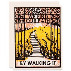 a card with an image of stairs leading up to the sky and trees on either side